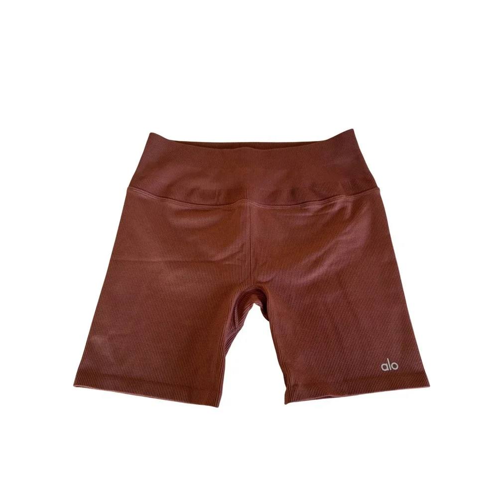 Alo Yoga Seamless Ribbed Favorite Bra Tank & Biker Shorts Set Brown Est Size M